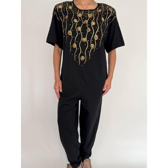 80s black embellished hand painted glitter seashell cotton pant jumpsuit romper - Picture 2 of 10